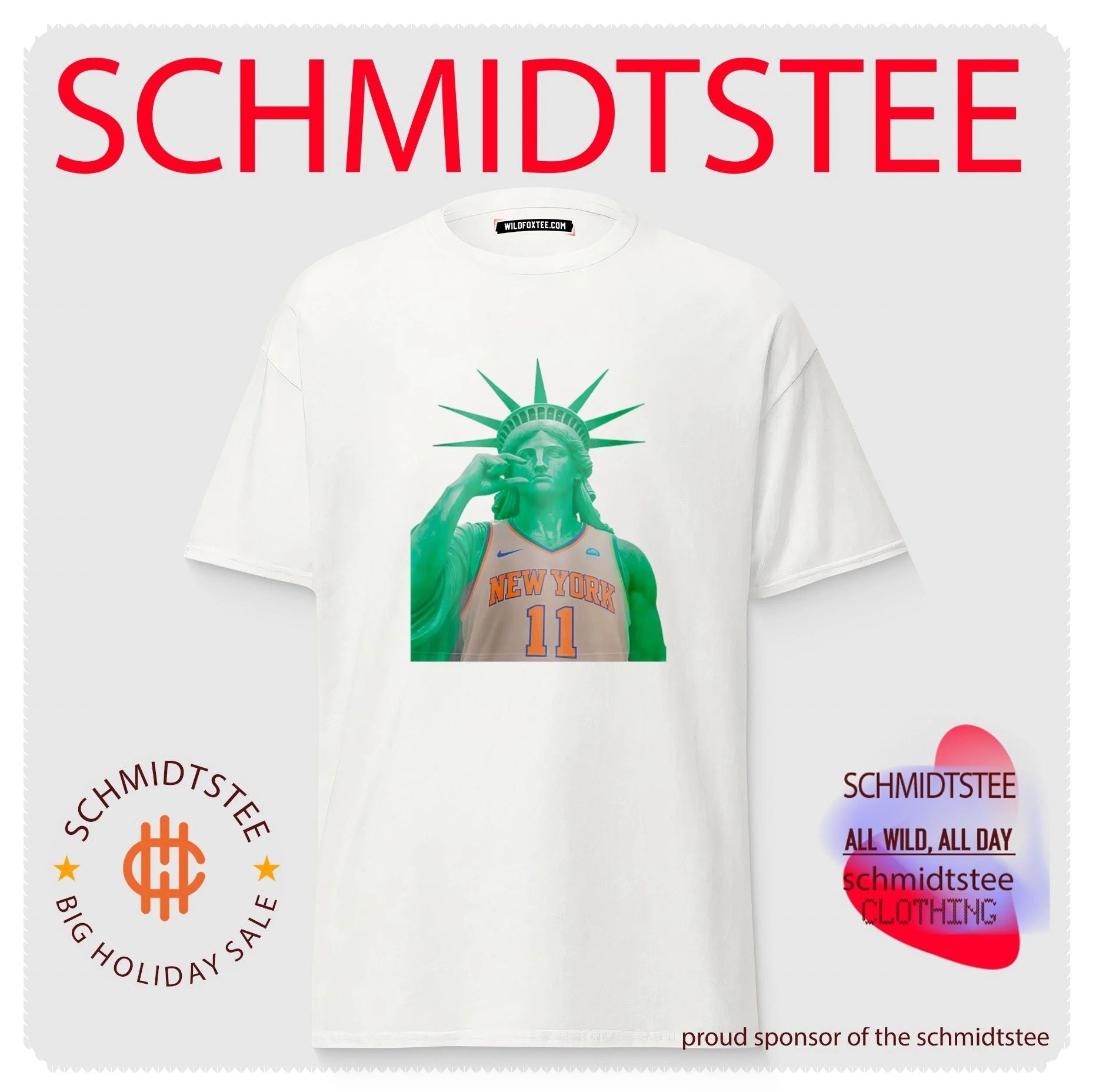 Statue of Liberty wearing NY Knicks jersey too small hand gesture shirt