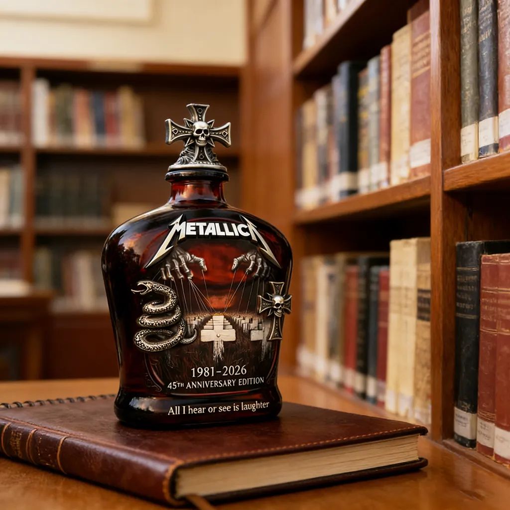Metallica 45th Anniversary Whiskey Bottle – Master of Puppets Tribute Decanter with 3D Embossed Design and Skull Cross Stopper