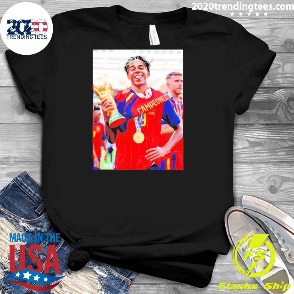 Lamine Yamal Holding Trophy Spain Soccer 2026 Victory Celebration World Cup 2026 Shirt