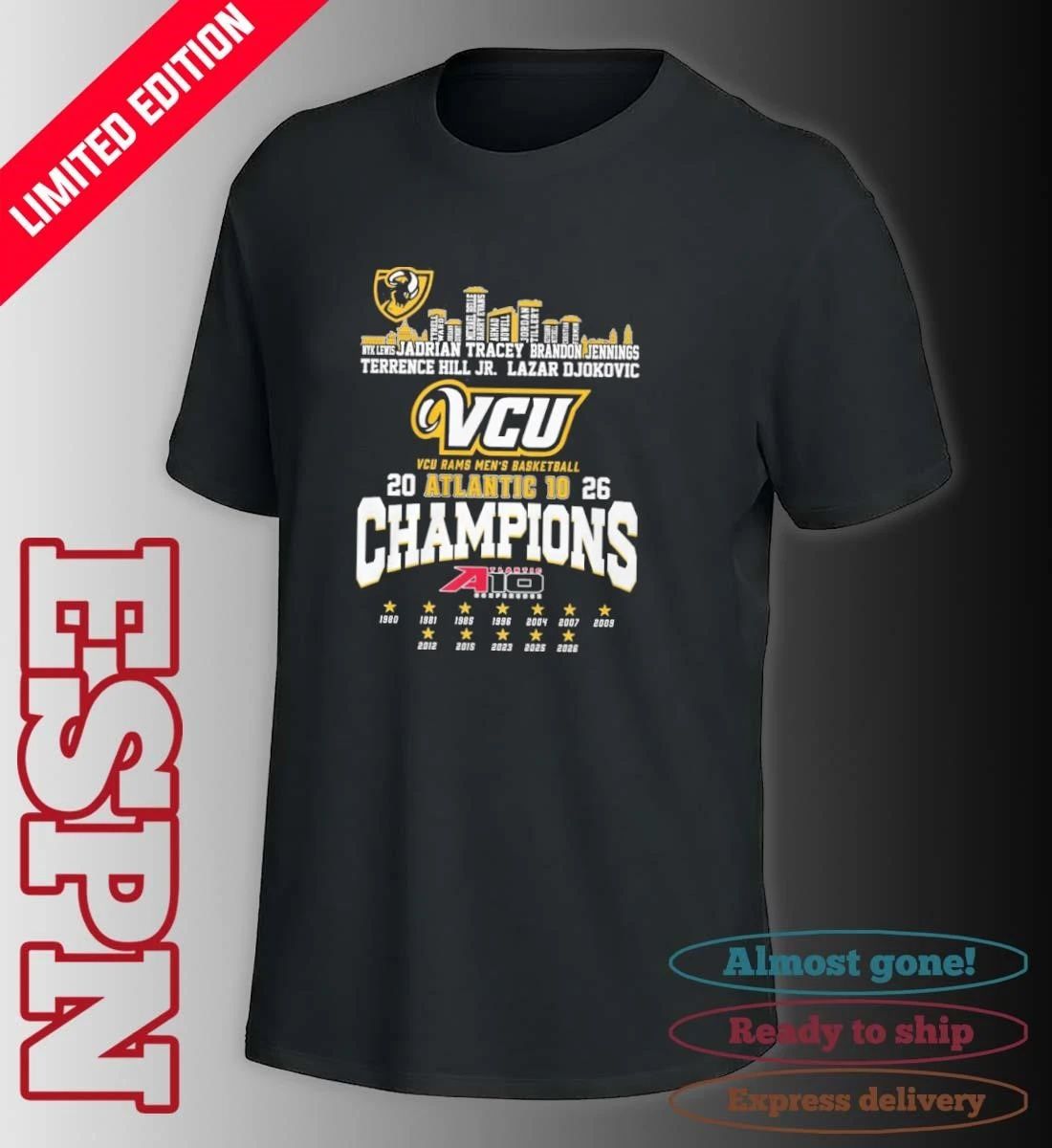 VCU Men’s Basketball 2026 A-10 Conference Champions Skyline Player Name Shirt