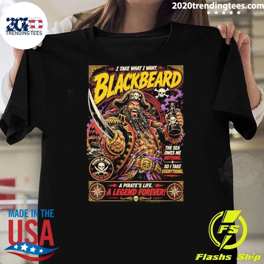 Blackbeard Pirate Captain Skull Sword Buccaneer Tee Shirt