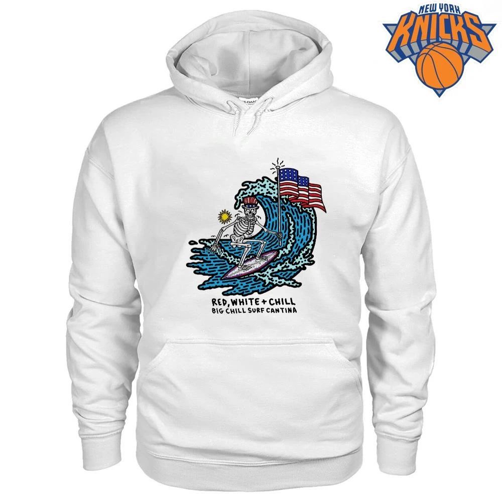 Red White and Chill Skeleton Surfing 4th of July American Flag Surf Cantina shirt