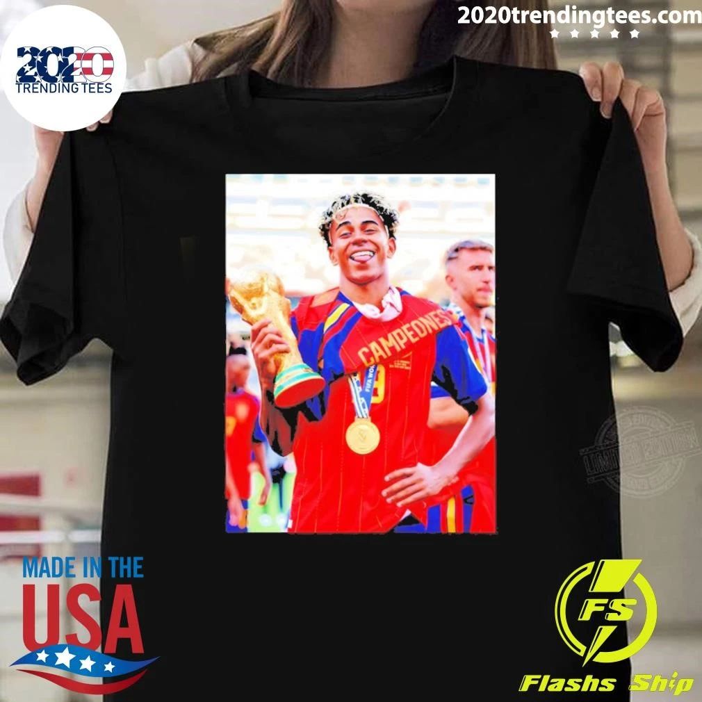 Lamine Yamal Holding Trophy Spain Soccer 2026 Victory Celebration World Cup 2026 Shirt