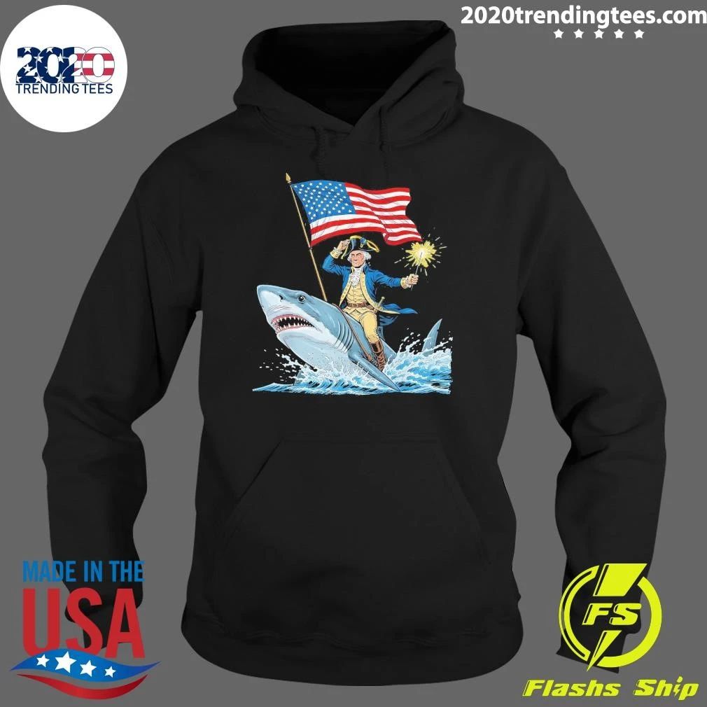 George Washington Riding Shark Funny July 4th American Flag Tee Shirt
