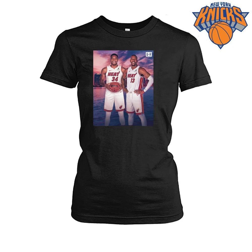 Giannis Antetokounmpo and Bam Adebayo Miami Heat Basketball Duo City Skyline Sunset Shirt