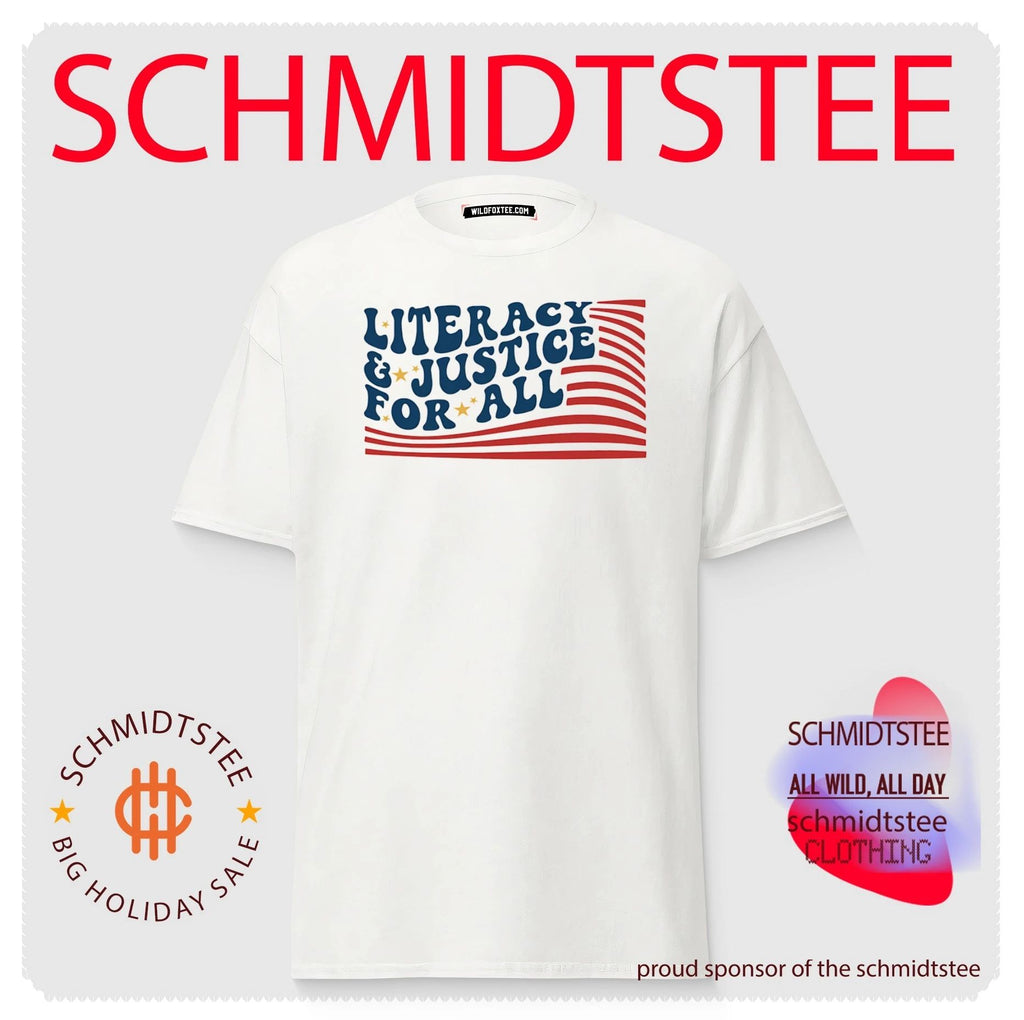Literacy and Justice for All reading teacher shirt