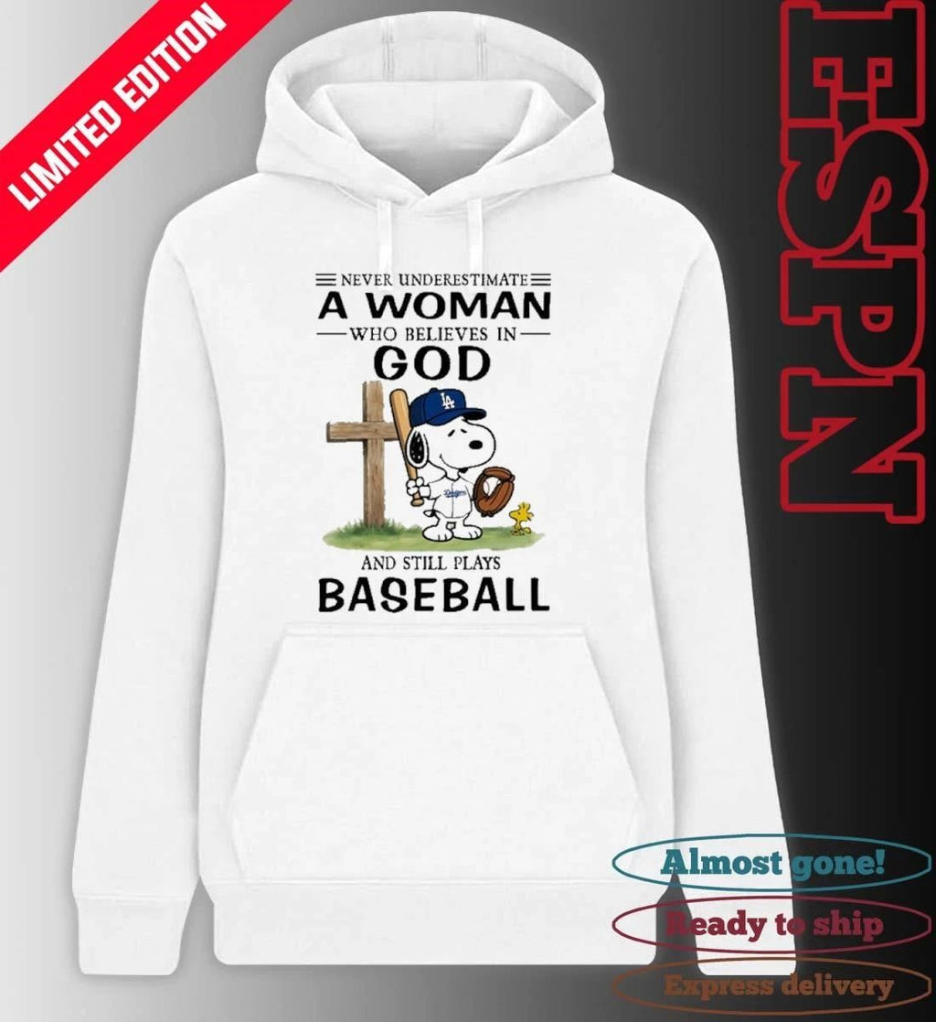 The Peanuts X Los Angeles Dodgers Never Underestimate A Woman Who Believes In God And Still Plays Baseball Shirt