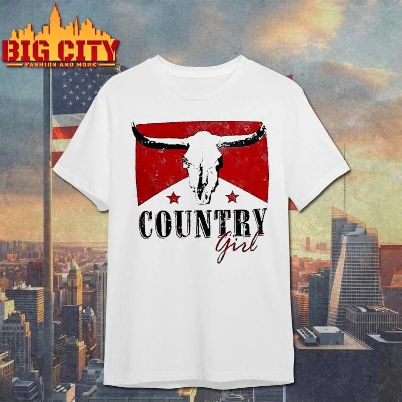 Country Girl Western Bull Skull Red Star White Shirt