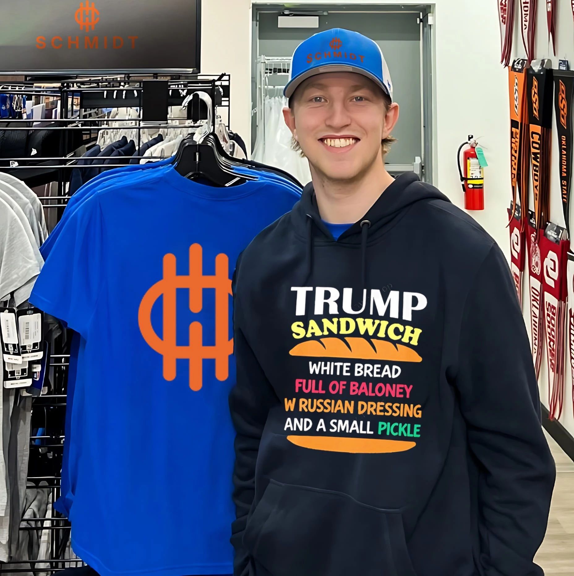 Trump sandwich white bread full of baloney w Russian dressing and a small pickle shirt