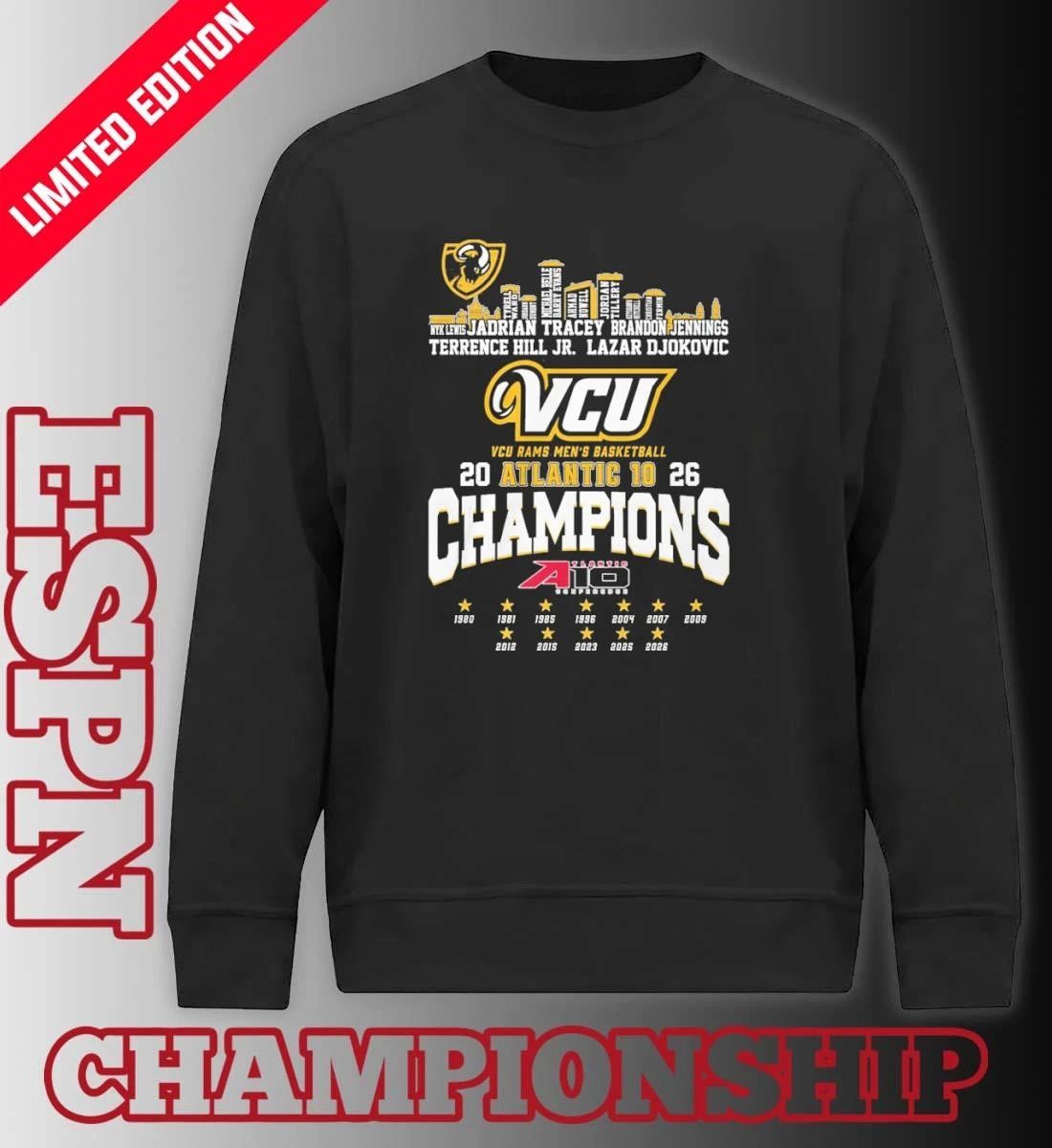 VCU Men’s Basketball 2026 A-10 Conference Champions Skyline Player Name Shirt