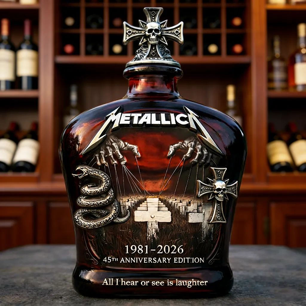 Metallica 45th Anniversary Whiskey Bottle – Master of Puppets Tribute Decanter with 3D Embossed Design and Skull Cross Stopper