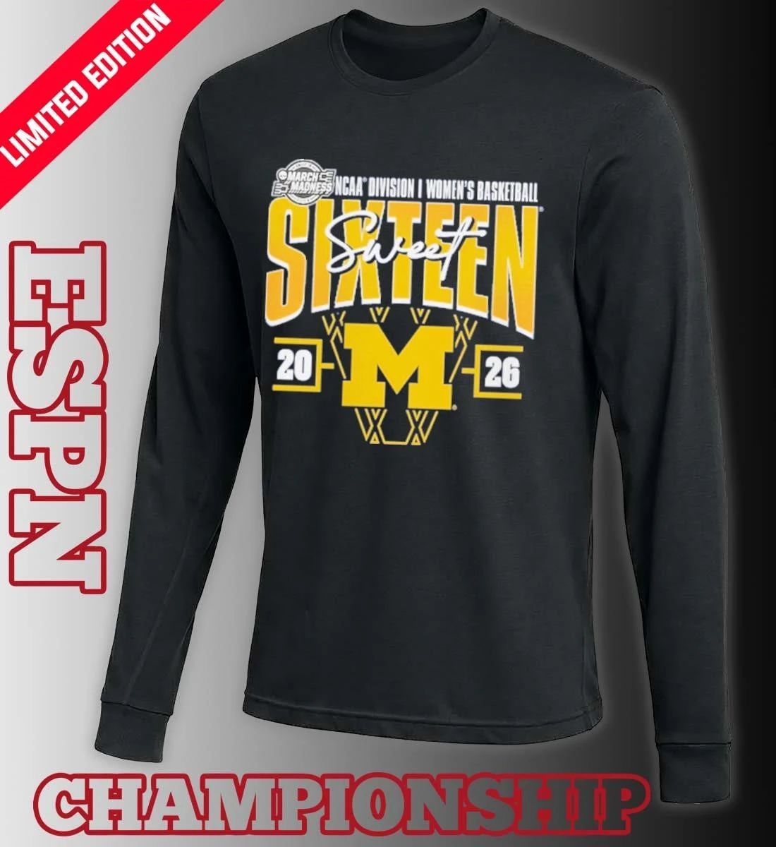 Michigan Wolverines 2026 NCAA Women’s Basketball Tournament March Madness Sweet 16 Court Shot T-Shirt