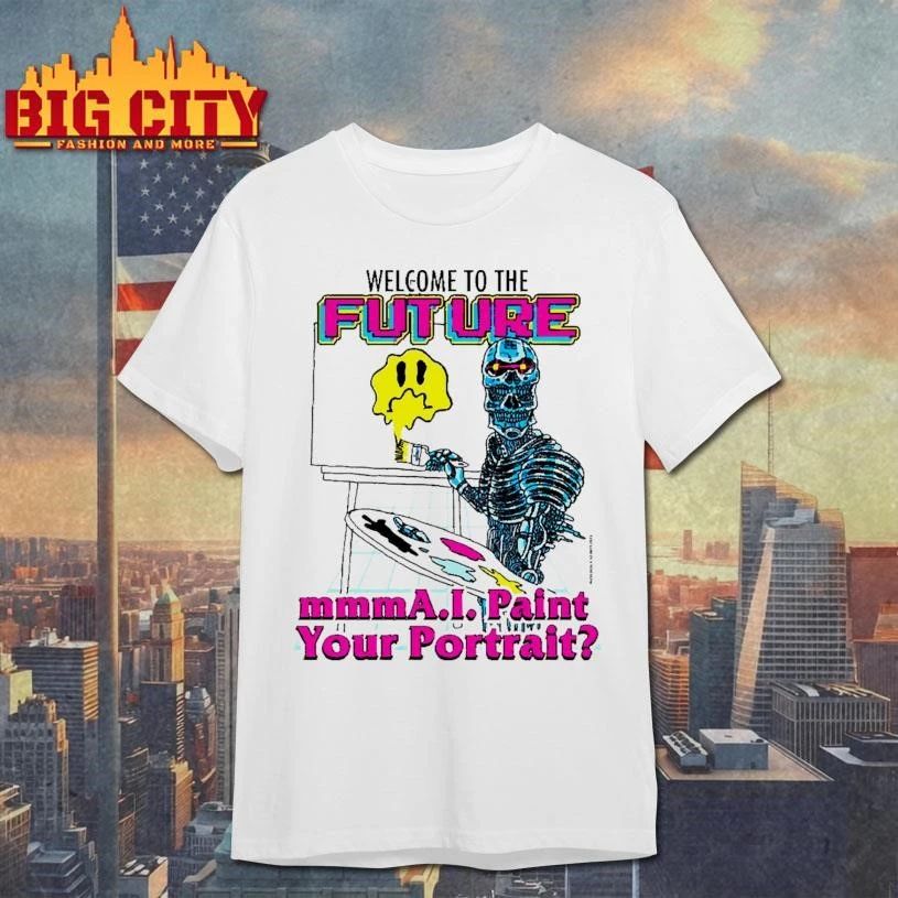 Welcome To The Future AI Robot Skull Painting Melting Smiley Face Graphic T shirt