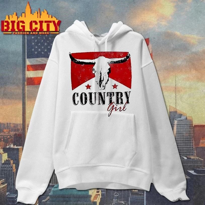Country Girl Western Bull Skull Red Star White Shirt