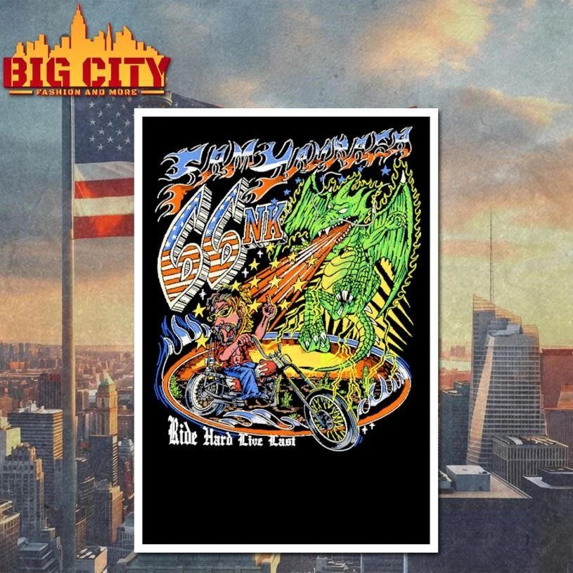 Ride Hard Live Last Biker Chopper Motorcycle Green Dragon Flaming Graphic T Shirt