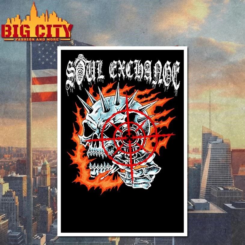 Soul Exchange Flaming Spiked Skull Crosshair Heavy Metal T Shirt