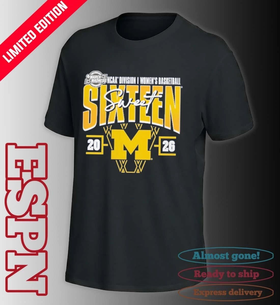 Michigan Wolverines 2026 NCAA Women’s Basketball Tournament March Madness Sweet 16 Court Shot T-Shirt