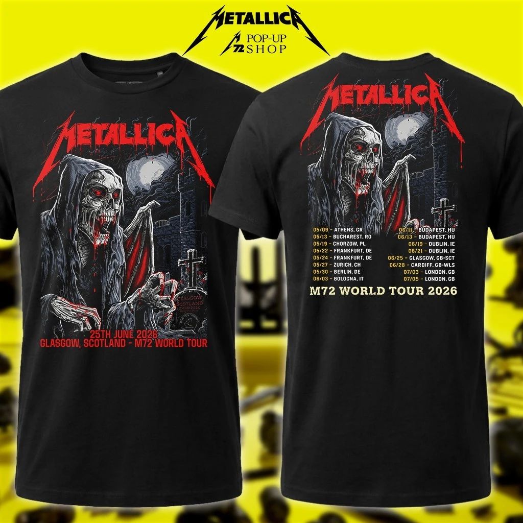 Metallica Pop-Up Merch Glasgow 2026 T-Shirt – M72 UK & EU Tour Dates Back Art Landon Armstrong
