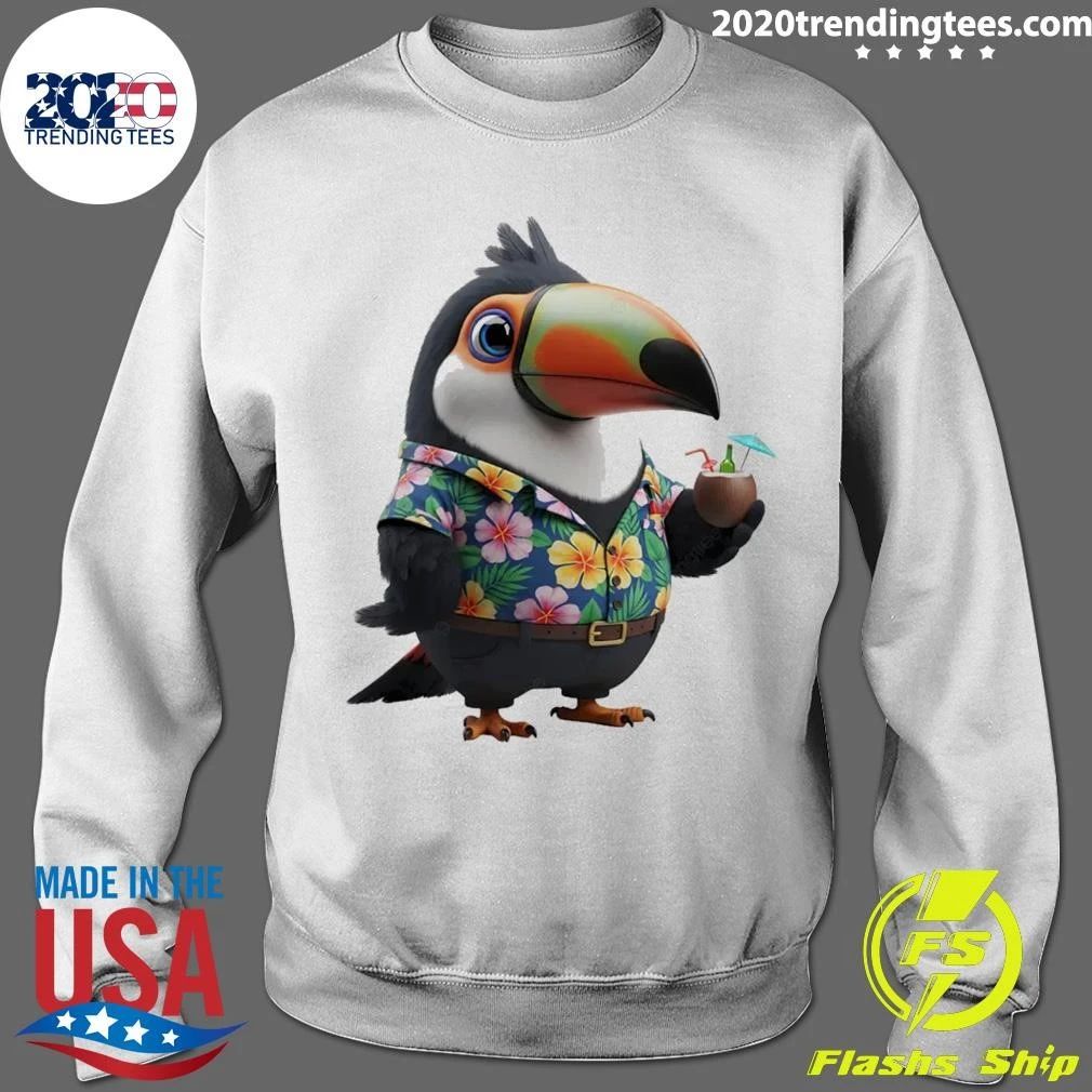 A Cartoon Toucan Dressed In Hawaiian Holding Tropical Drink Coconut Shirt
