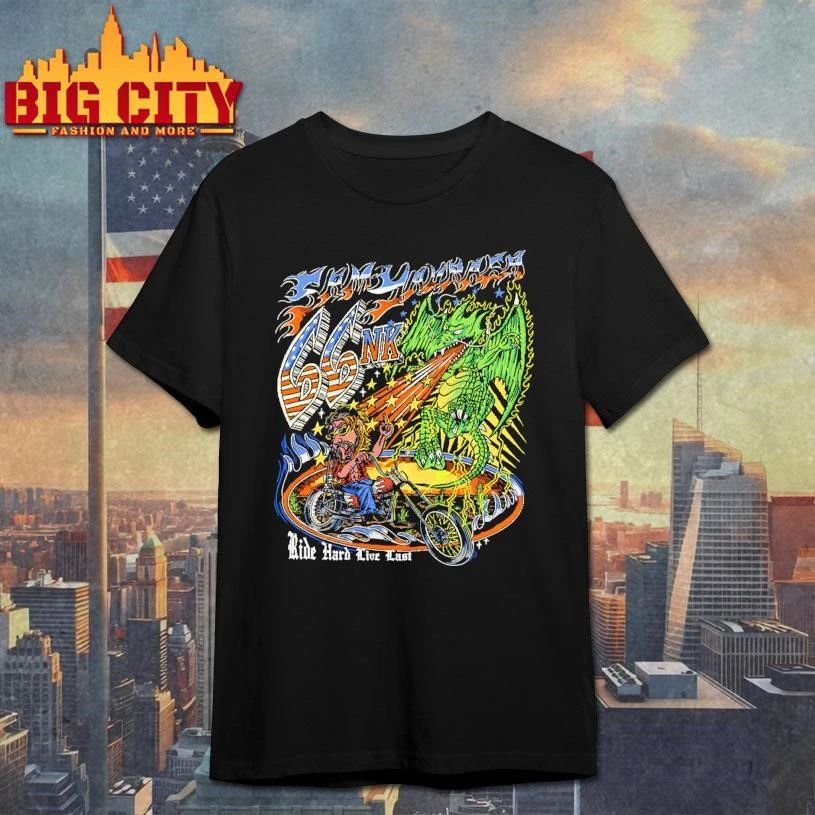 Ride Hard Live Last Biker Chopper Motorcycle Green Dragon Flaming Graphic T Shirt
