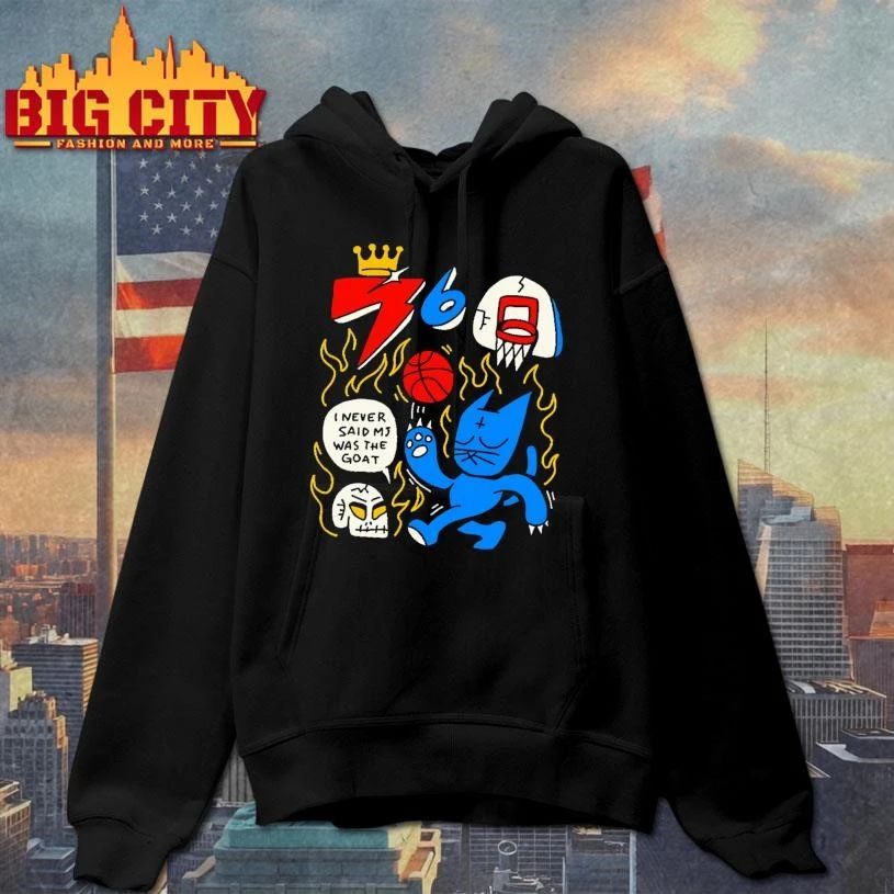 Funny Blue Cat Basketball Doodle Flame Skull I Never Said MJ Was The GOAT Shirt