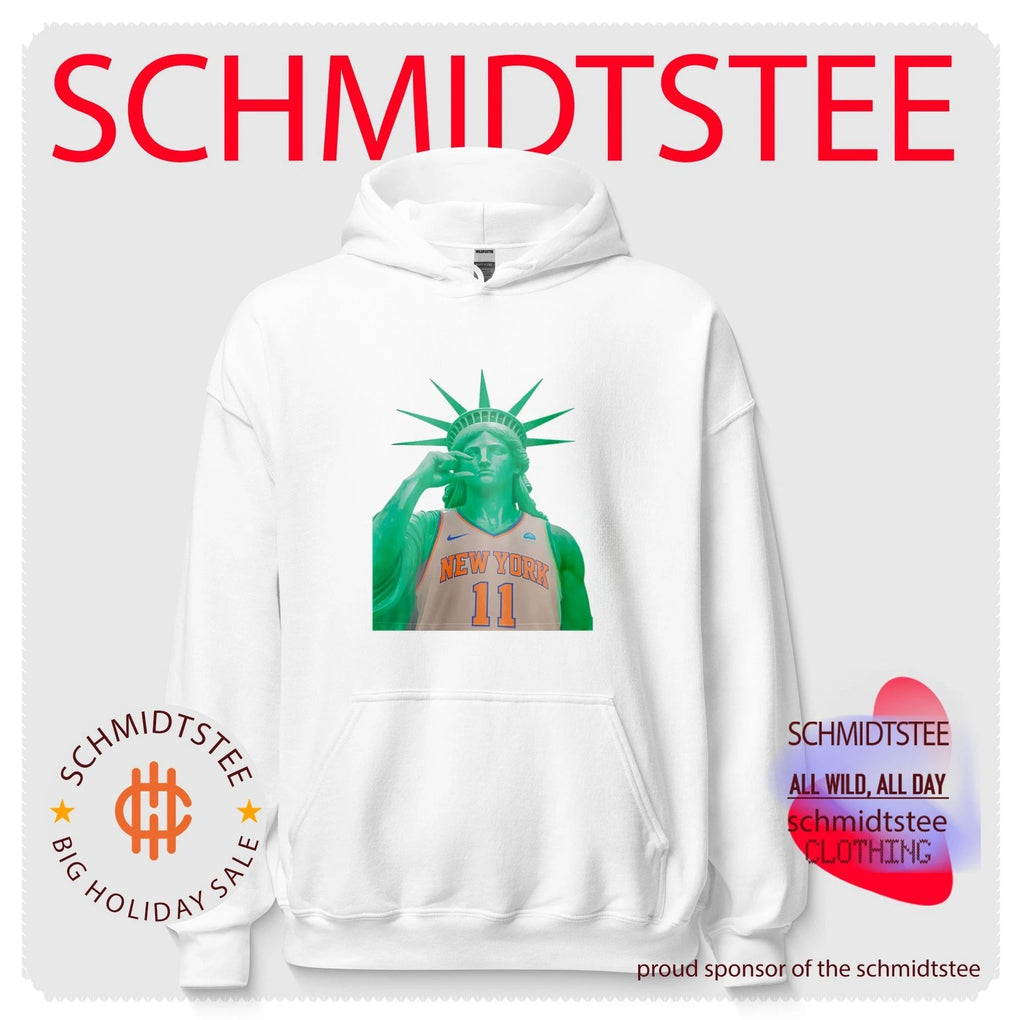 Statue of Liberty wearing NY Knicks jersey too small hand gesture shirt