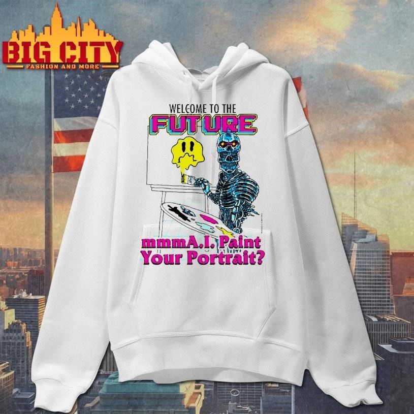 Welcome To The Future AI Robot Skull Painting Melting Smiley Face Graphic T shirt