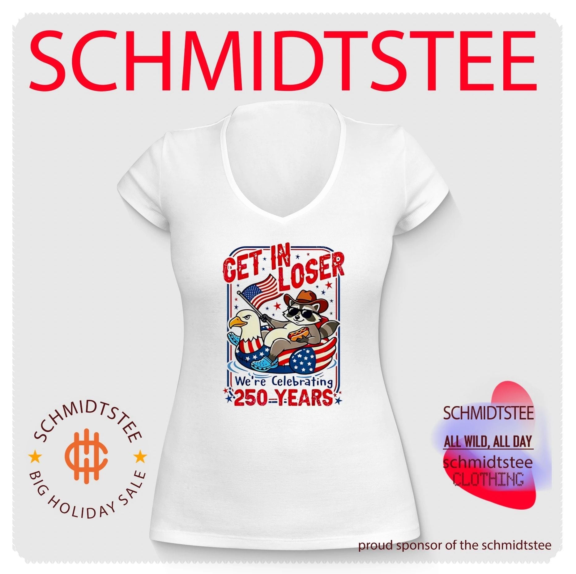 Get in loser we’re celebrating 250 years cartoon racoon shirt