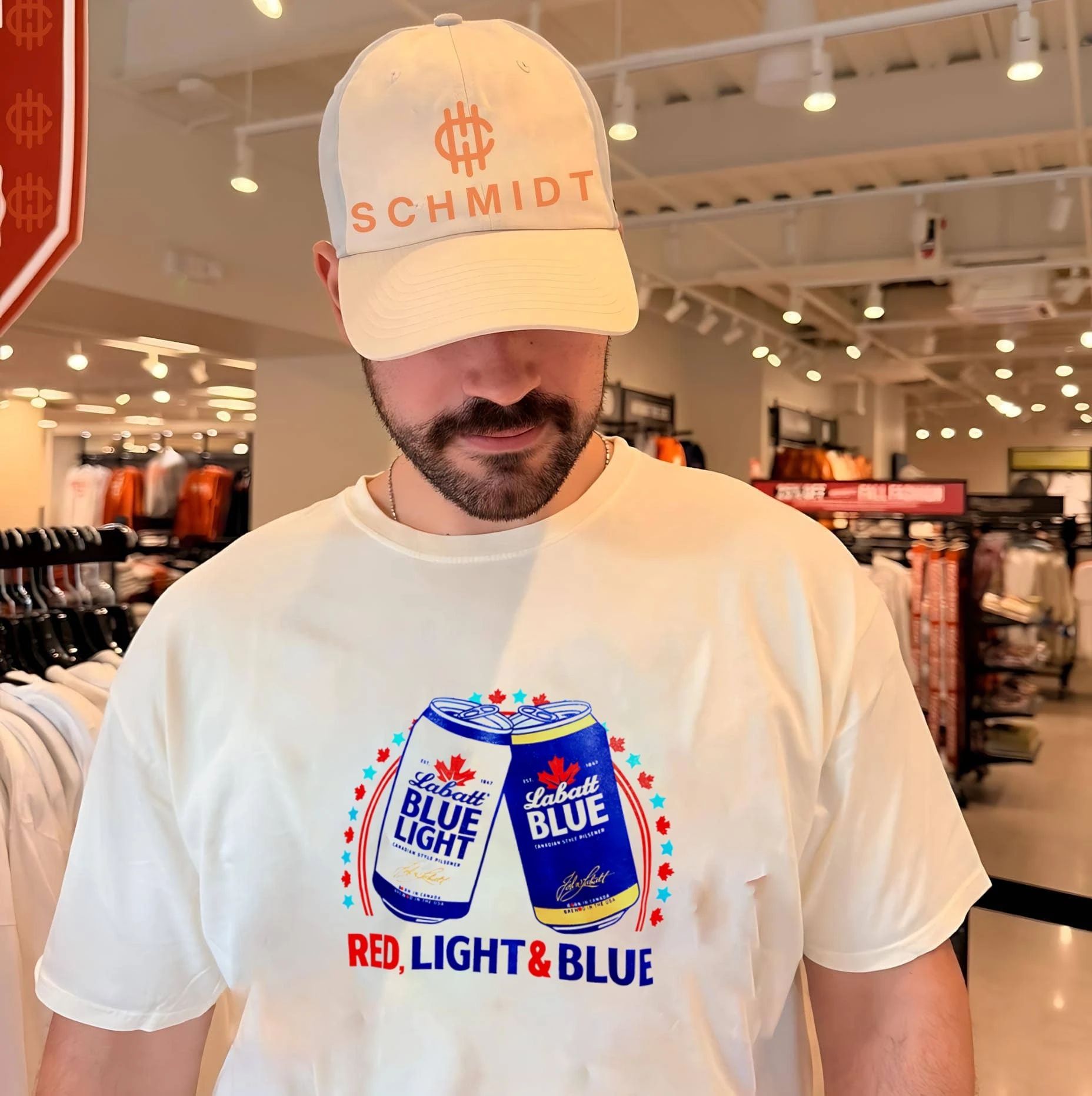 Labatt Blue Light Red Light and Blue shirt