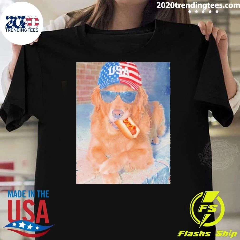 Golden Retriever Eating Hot Dog 4th Of July American Flag Shirt