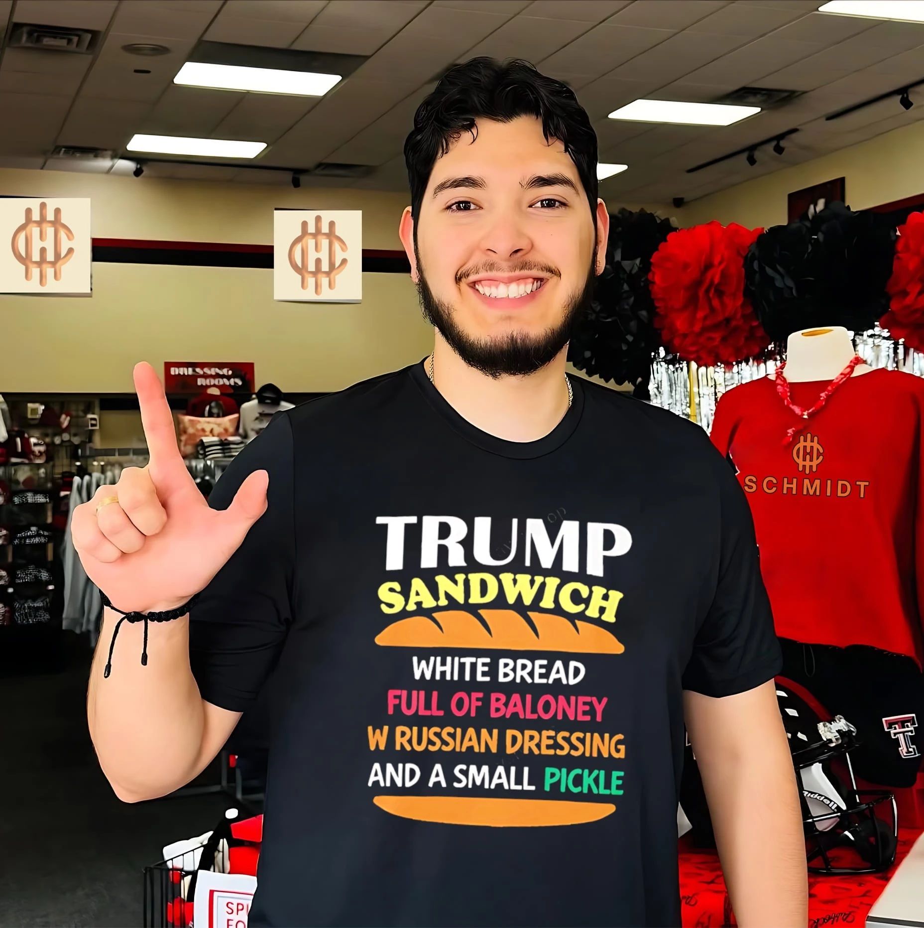 Trump sandwich white bread full of baloney w Russian dressing and a small pickle shirt