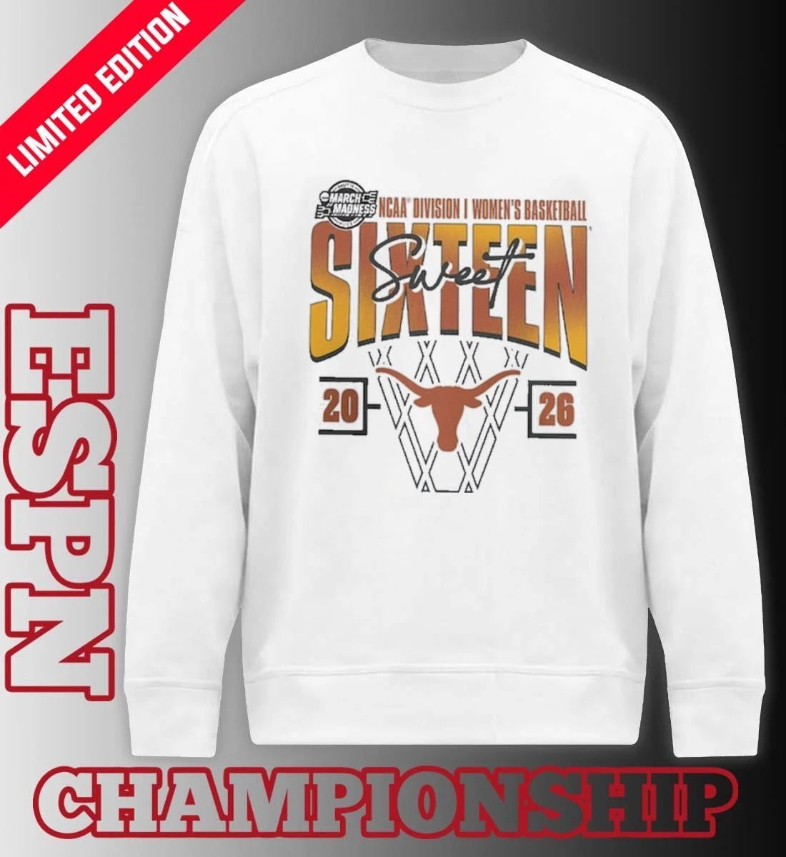 Texas Longhorns 2026 NCAA Women’s Basketball Tournament March Madness Sweet 16 Court Shot T-Shirt