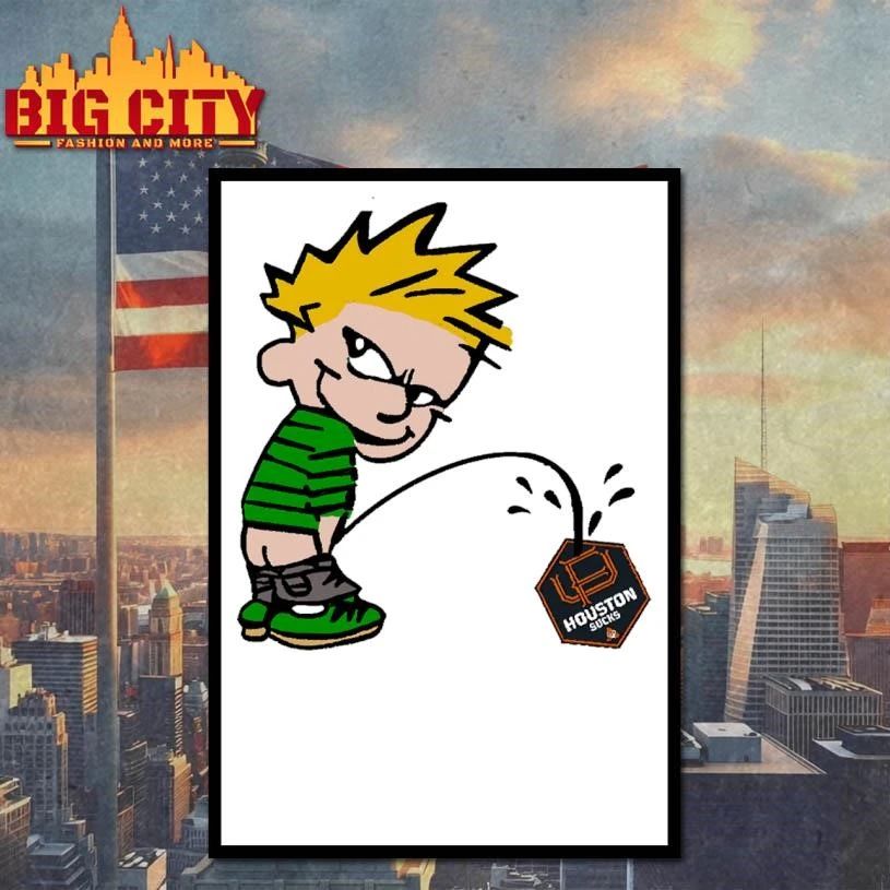 Funny Calvin Peeing On Houston Sucks Logo Sports Humor T Shirt