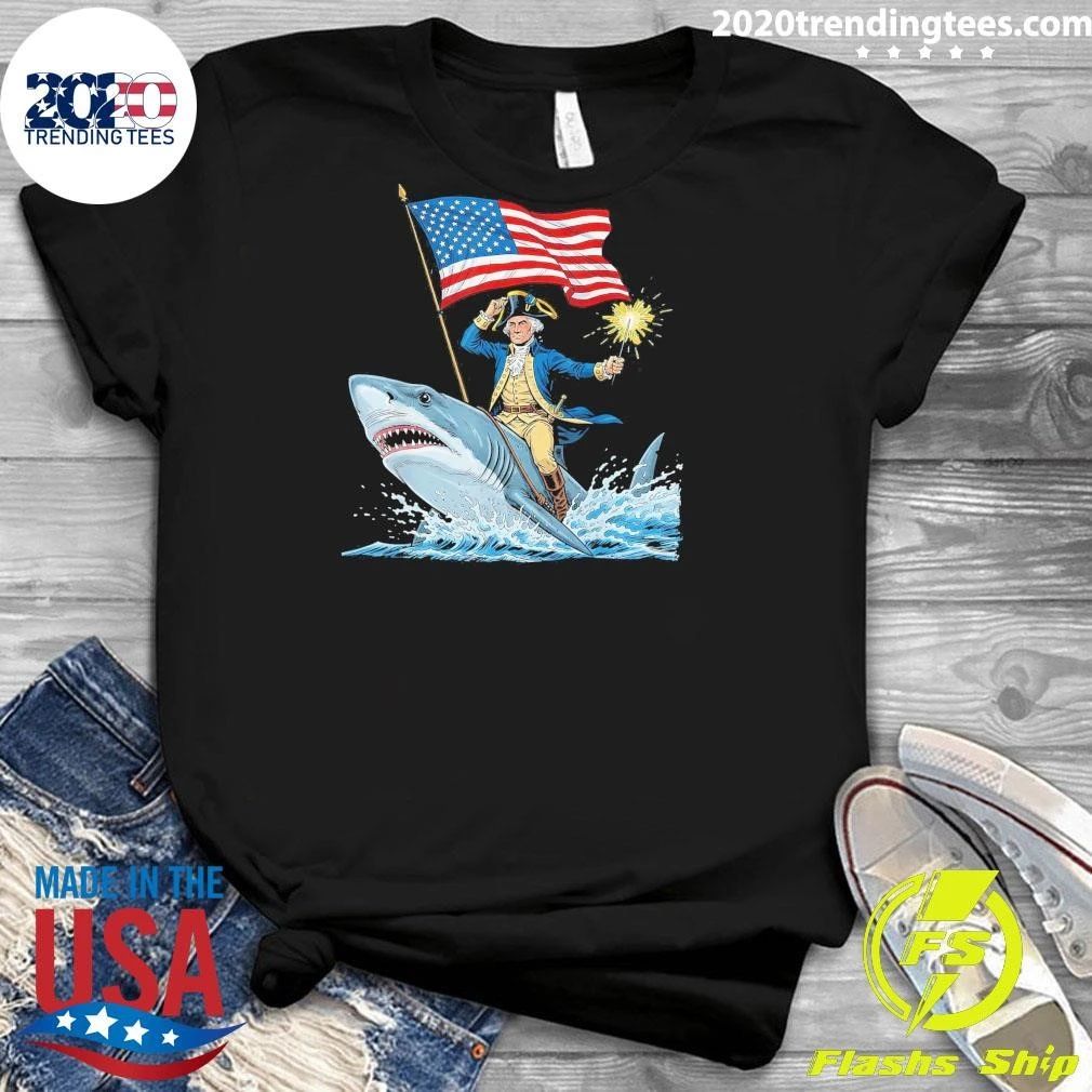 George Washington Riding Shark Funny July 4th American Flag Tee Shirt