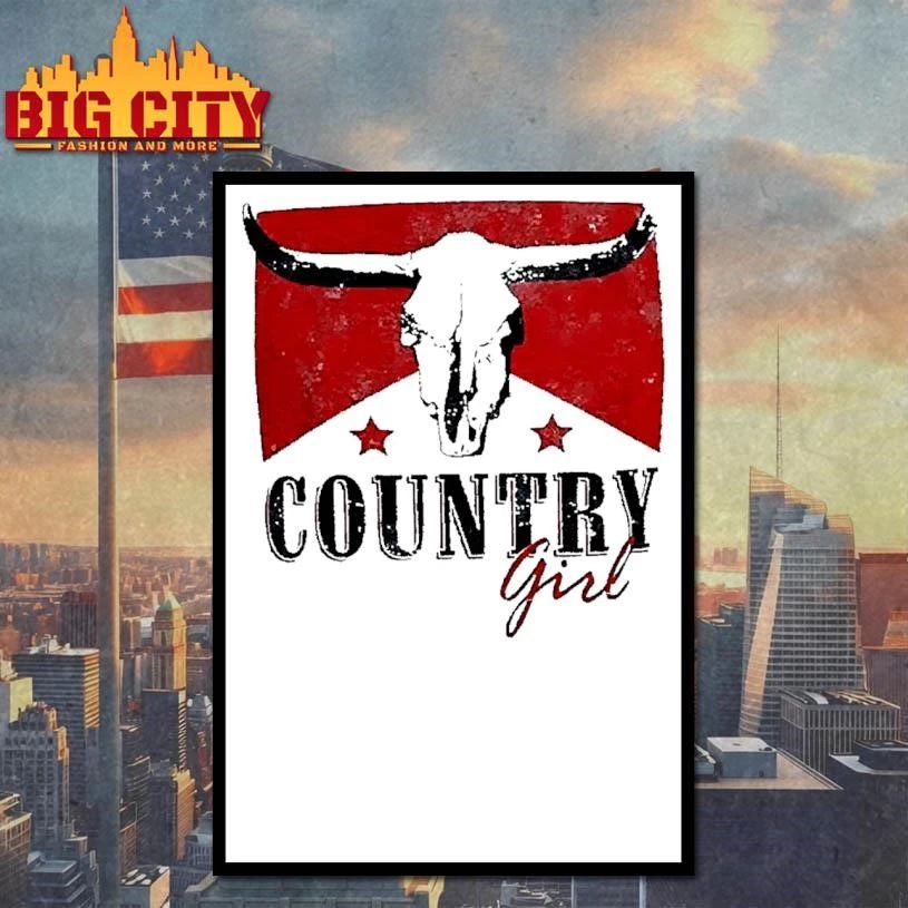 Country Girl Western Bull Skull Red Star White Shirt