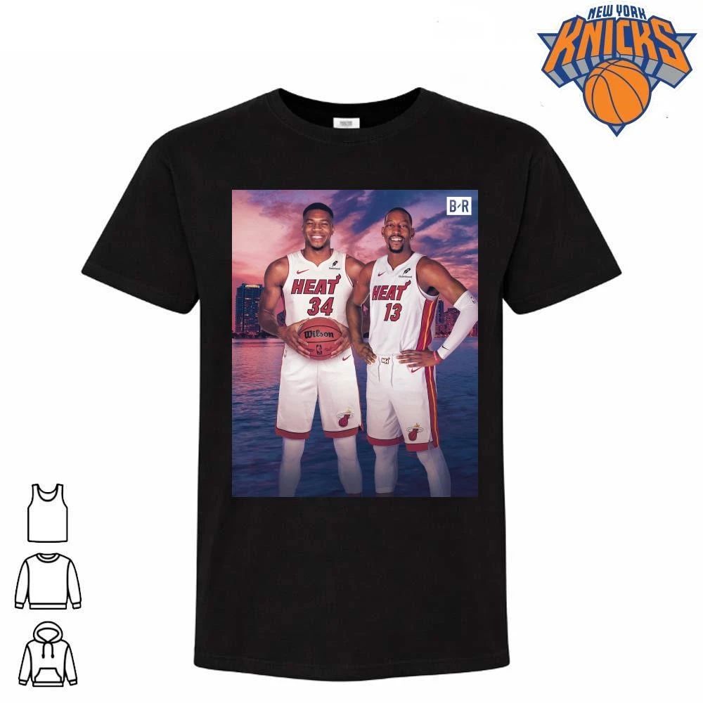 Giannis Antetokounmpo and Bam Adebayo Miami Heat Basketball Duo City Skyline Sunset Shirt