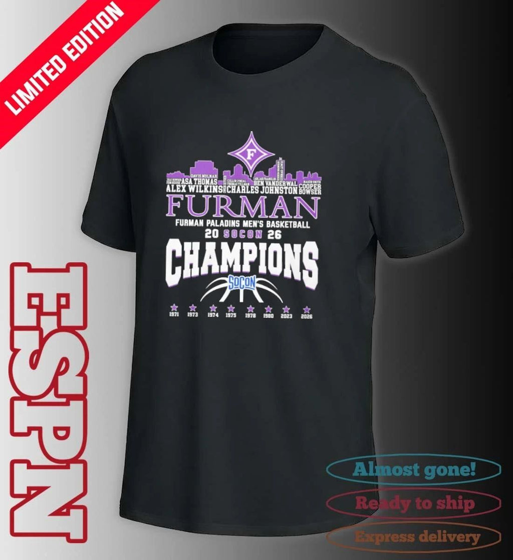 Furman Men’s Basketball 2026 Socon Champions Skyline Player Name Shirt