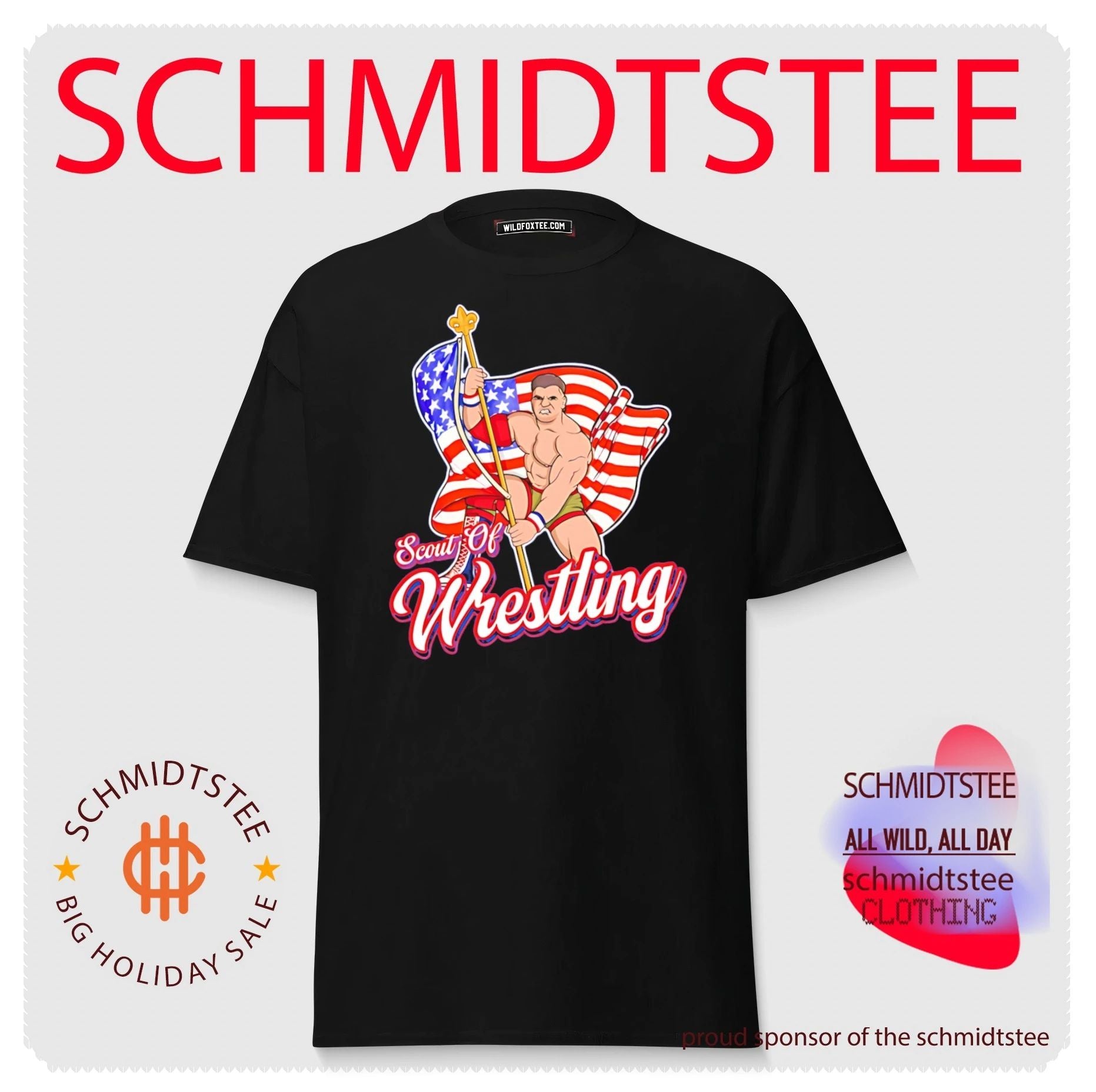 Scout of Wrestling Danny Everbourne holding American flag illustrated shirt