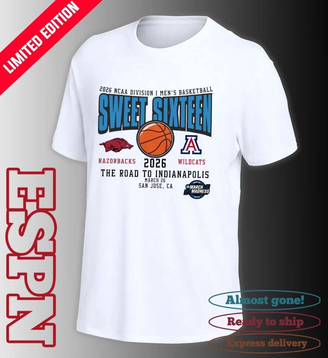 Arkansas Vs Arizona 2026 NCAA DI Men’s Basketball Tournament Sweet Sixteen T-Shirt