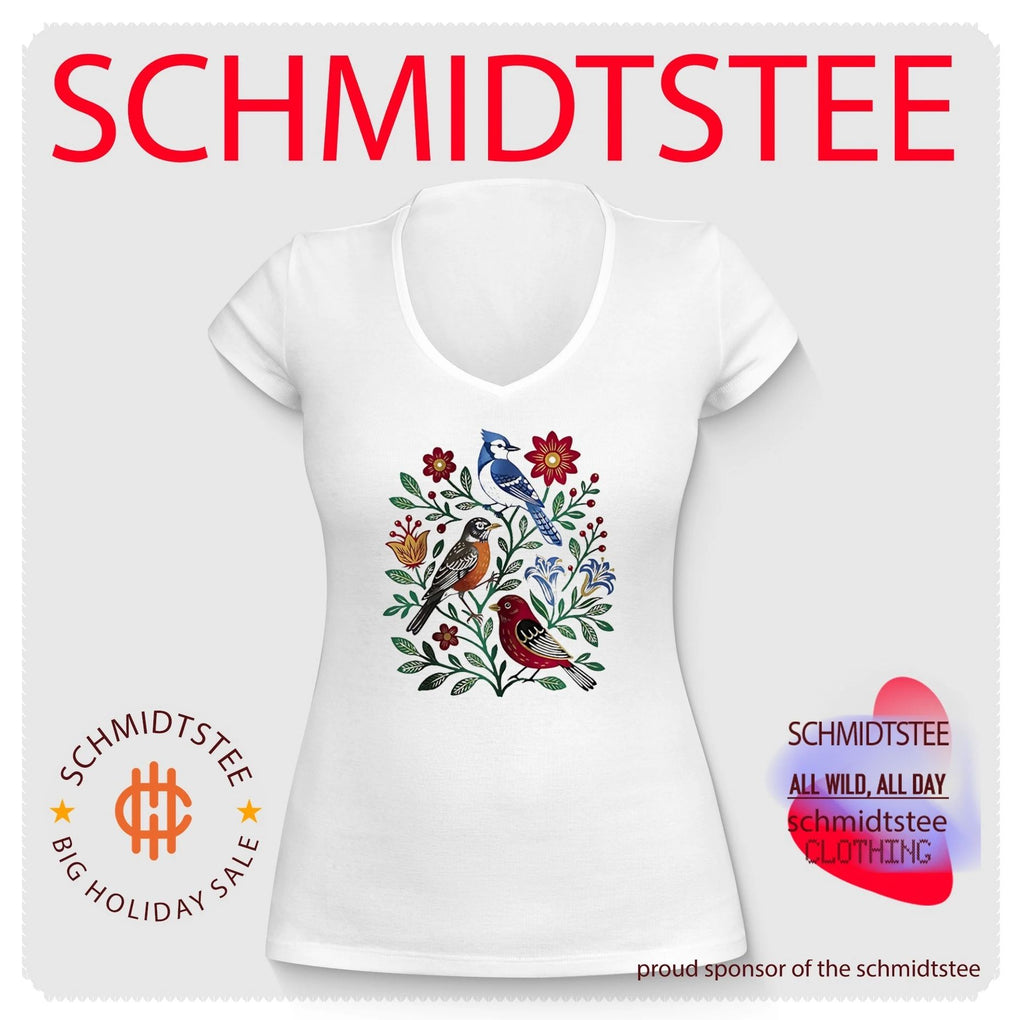 Floral Birdsong Blue Jay Robin and Red Bird shirt