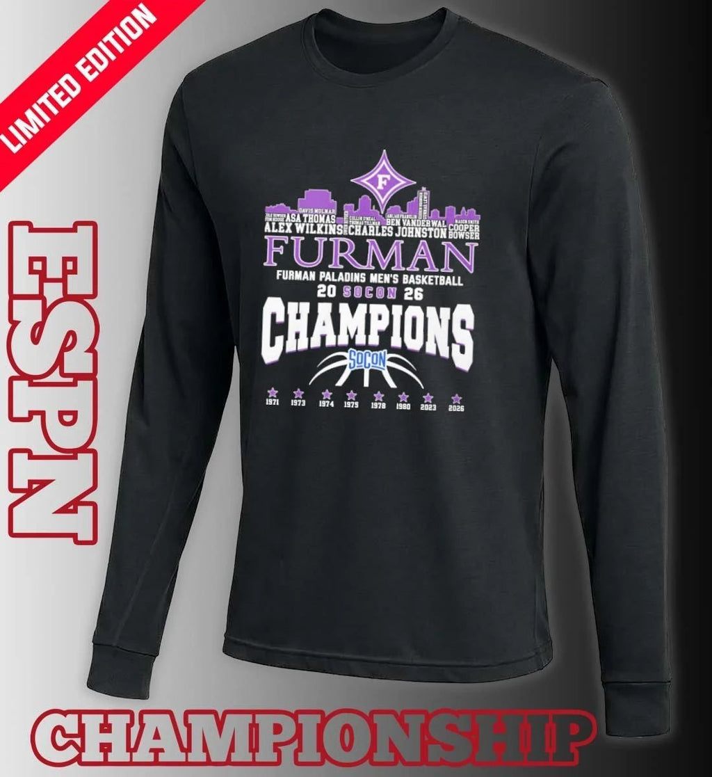 Furman Men’s Basketball 2026 Socon Champions Skyline Player Name Shirt